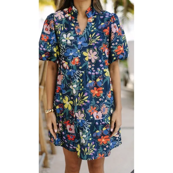 Shop The Mint When You Know Navy Blue Floral Babydoll Mini Dress Size XL - Image 3