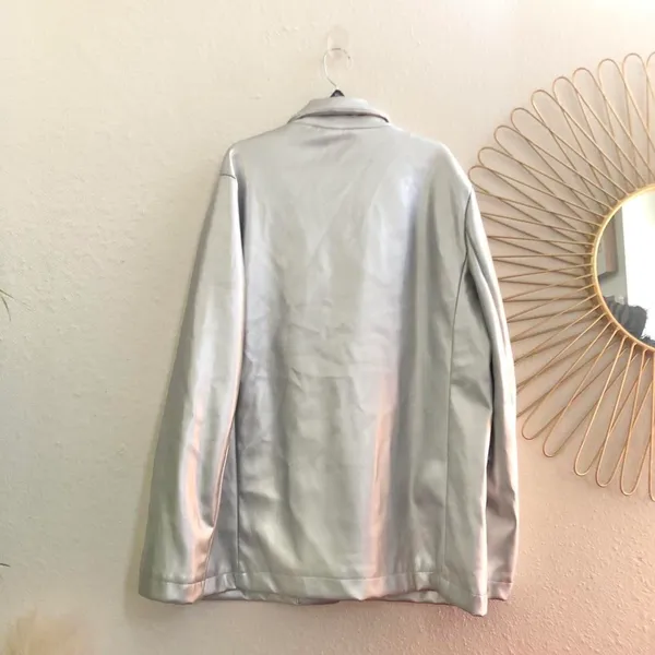 Vigoss Silver metallic faux leather blazer Suit Sleek Jacket Coat Long Sleeve Single One Button-XL #festival #office siren #preppy #avant-garde #corporate Measurement in pics - Image 3
