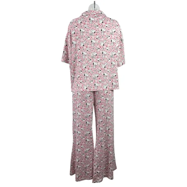 Munki Munki Peanuts Pink Short Sleeve Button Pants Sleepwear Pajamas Set Size M - Image 3