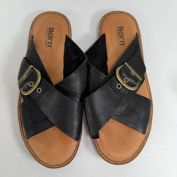 Born 8M Rio Slide Sandals Black Leather Buckle Crossover Strap Casual Boho Flats - Image 7