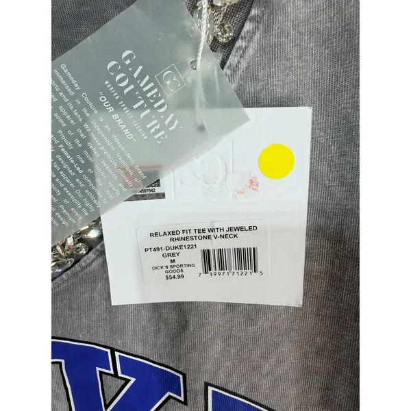 Duke Relaxed Jeweled Rhinestone V-Neck Tee Women's Med Grey Gameday Couture New - Image 4