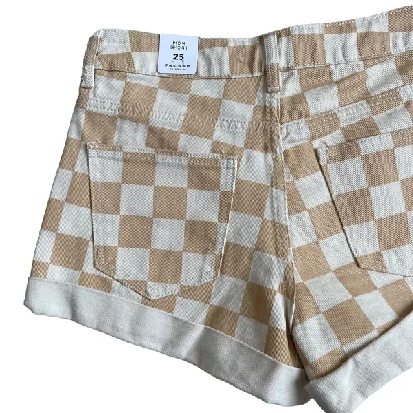PacSun Women’s Checkerboard Mom Shorts Size 25 Tan Checker Denim High Waist - Image 8