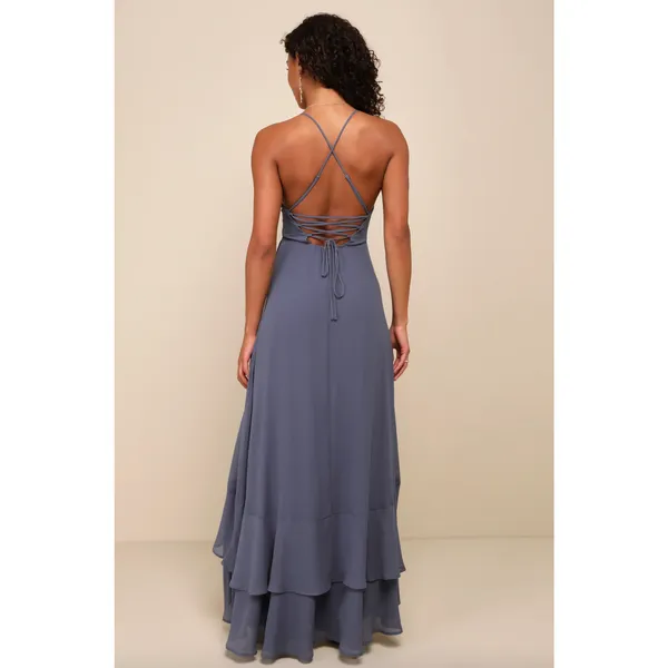 Lulus In Love Forever Granite Blue Lace Up High Low Maxi Dress Ruffle Small NWT - Image 2