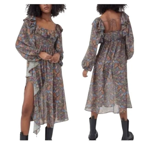 For Love & Lemons Brittany Floral Midi Dress Smocked Ruffle Medium NWT Romantic - Image 15