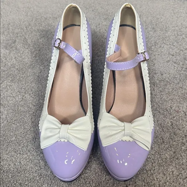 Women’s Purple Chunky Heel Mary Jane Pumps Cute Bow Round Toe Size 8 NEW - Image 3