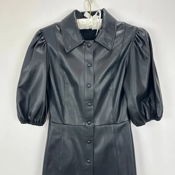 Lime Faux Leather Mini Dress Black Minimalist A Line Puff Sleeve Collared XS - Image 4