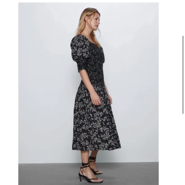 Zara Penny Ruched Black Floral Linen Blend Boho Puff Midi Dress Size Small - Image 12