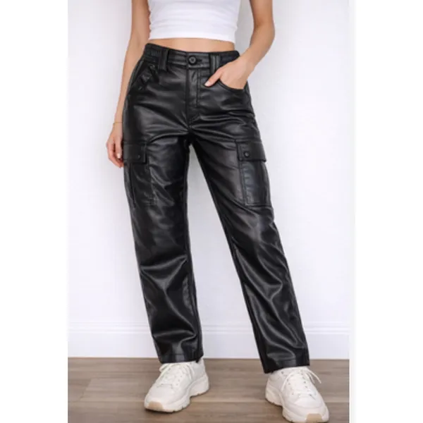 American Eagle Stretch Faux Leather Cargo Pants 4 Black High Waist Straight Leg - Image 2