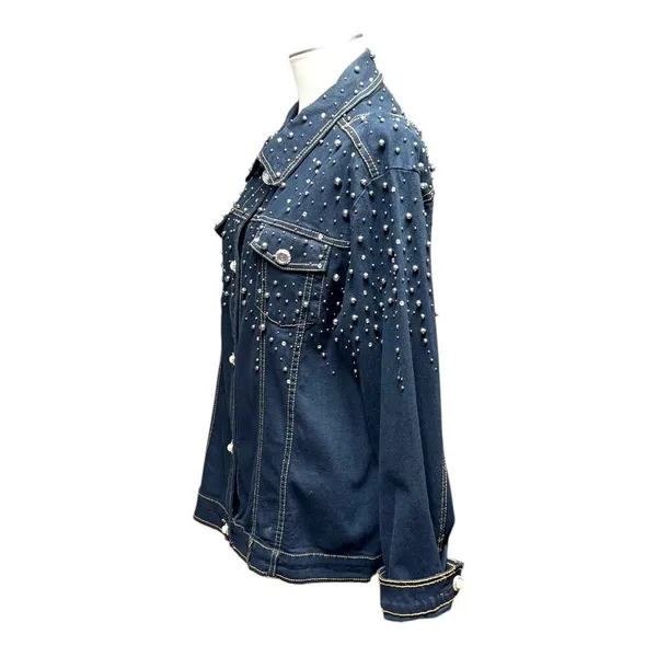 The Quacker Factory Rhinestone Pearl Studded Denim Jean Jacket Blue Large - Image 3