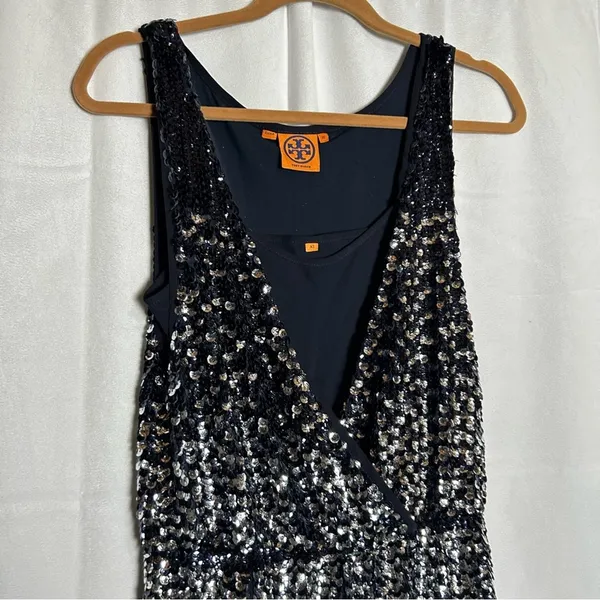 Tory Burch Black‎ & Silver Sequin V Neck Sleeveless Silk Mini Dress Size XS - Image 3