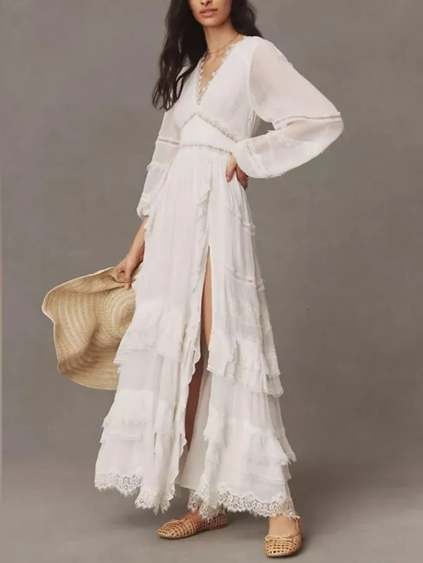 Rococo Sand Mia‎ Long-Sleeve Ruffled Maxi Dress White Lace V-Neck Boho Resort XS - Image 3