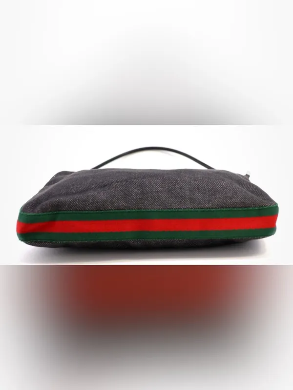 Gucci Vintage Y2K Black Denim Web Stripe Shoulder Hobo Bag Zip Top Silver Hardwa - Image 7