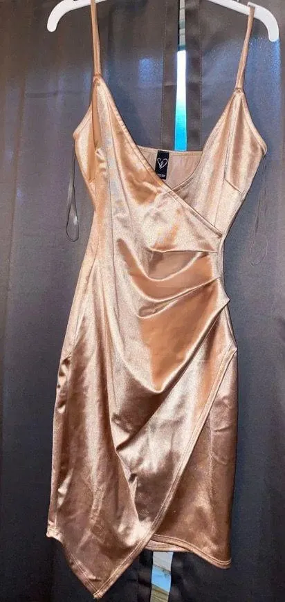 Windsor Asymmetrical Gold Satin Mini Bodycon Dress - Image 2