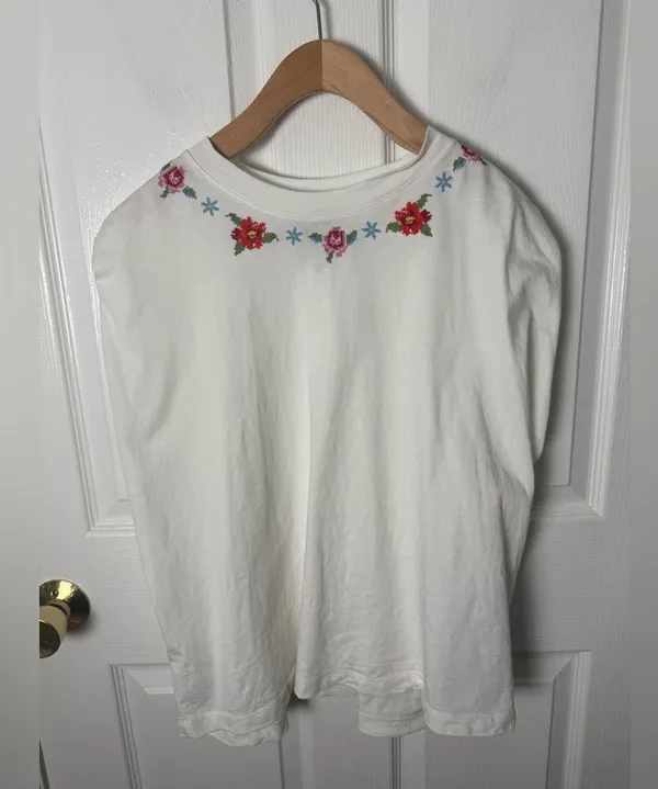 Farm Rio Off-White Cross Stitch Flowers Organic Cotton T-Shirt L - Image 2