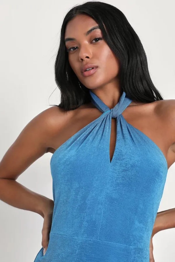 Lulus Stunning Attitude Blue Keyhole Halter Neck Maxi Dress - Image 4