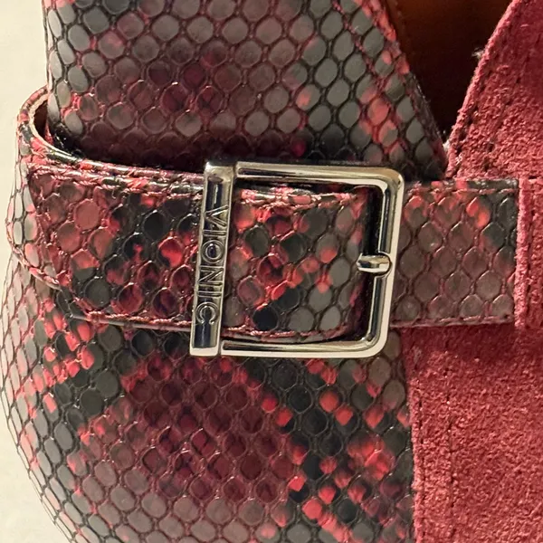 Vionic Burgundy Suede Snake Skin Block‎ Heel Bootie B37 - Image 5
