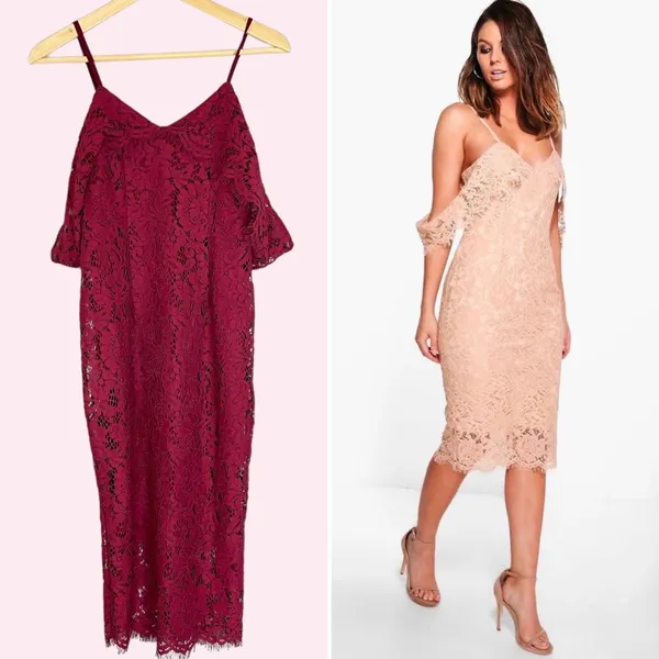 Boohoo Jess Lace Open Shoulder Dress Midi Berry NWT New Cocktail Straps‎ Bodycon - Image 2