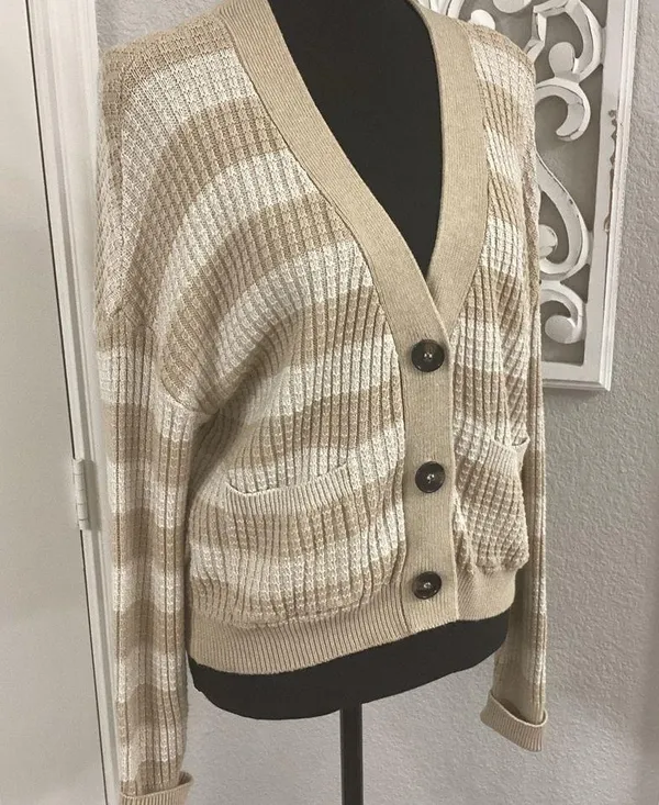 Evereve Kiki Cardi Oatmeal Striped Cardigan Size Medium - Image 3
