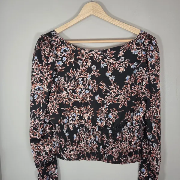 Free People Floral Smocked Crop Top L Square Neck Balloon Sleeve Black Boho - Image 5