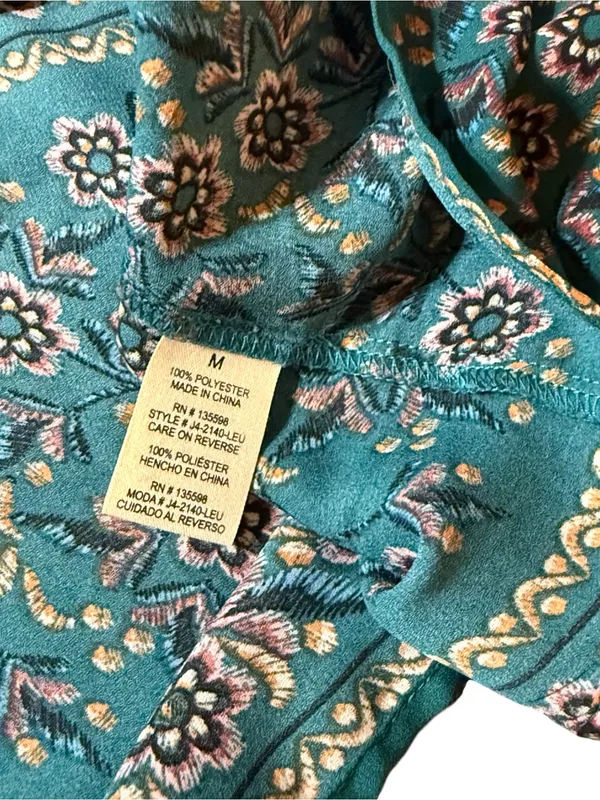 Altar'd State Teal Floral Boho Bell Sleeve Babydoll Peasant Top Medium - Image 3