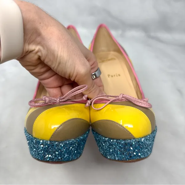 Christian Louboutin Foraine 140 Bow Striped Leather Glitter Platform Pumps Heels - Image 7