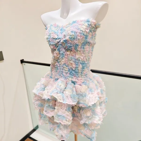 Women Pastel Strapless Mini Dress 3D Floral Ruffle Tiered Skirt Smocked Bodice Twisted Front - Image 3