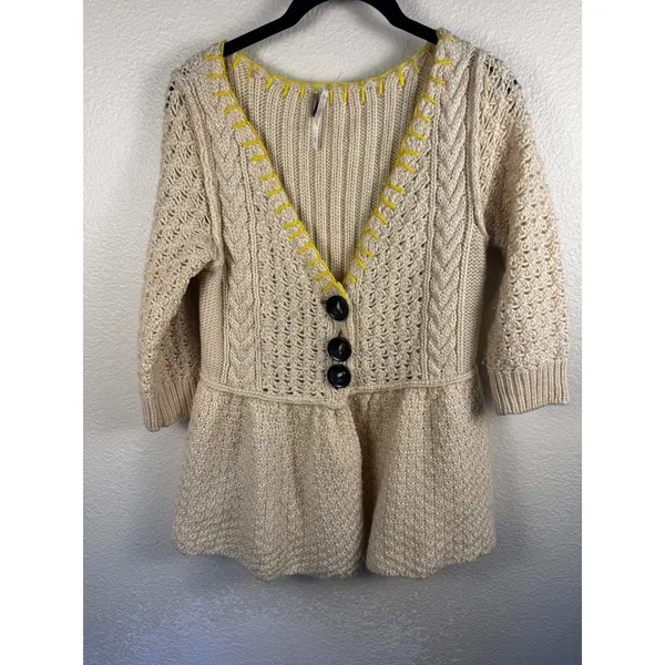 Anthropologie Free People Cardigan Sweater Small Chunky Knit Peplum Boho Cottage - Image 2