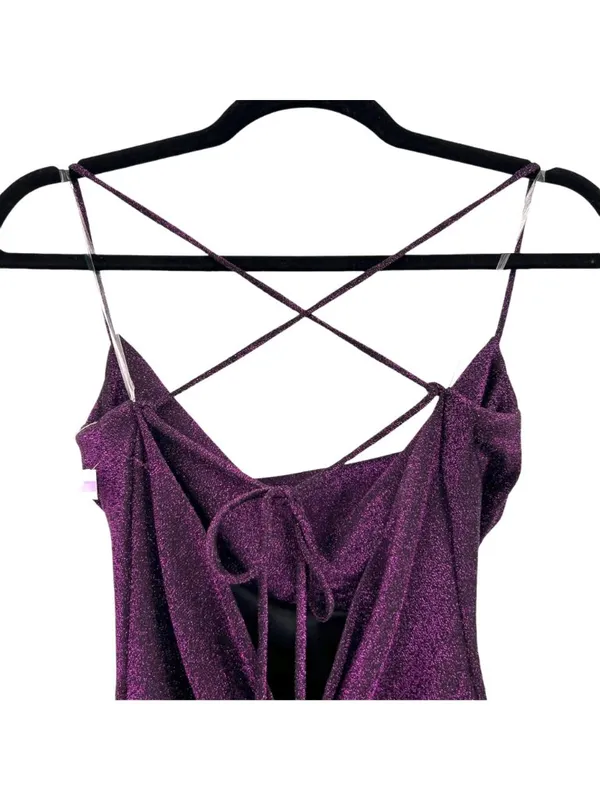 Lush Purple Metallic Bodycon Dress Size XS NWT Cowl Neck Strappy Y2K Night Luxe - Image 3