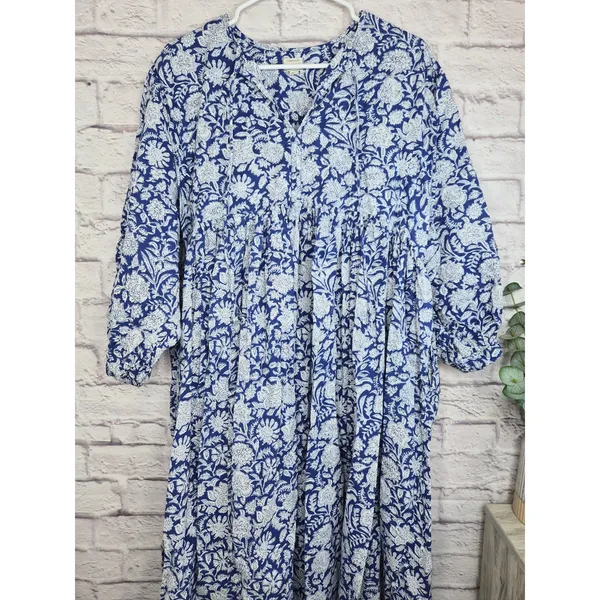 House of Sundar Maya Midi Dress 3XL Blue Iris Block Print Cotton Cottagecore - Image 5