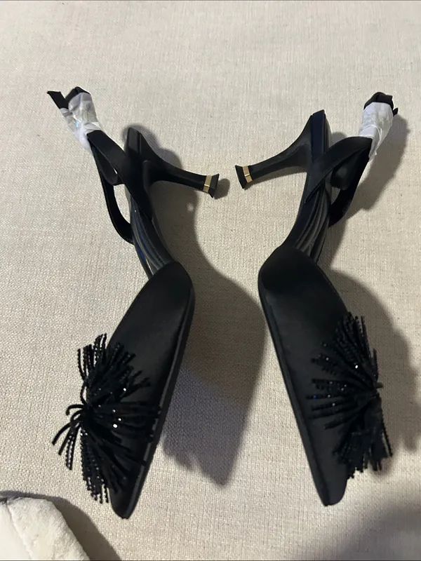 Kenneth Cole New York Umi Pom Pom Pumps, Black Satin. size 7.5, NEW with Box - Image 8