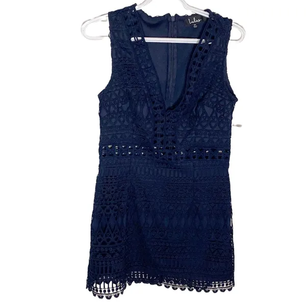 Lulu’s Take Me Dancing Navy Blue Crochet Lace Sleeveless Mini Dress size M - Image 2