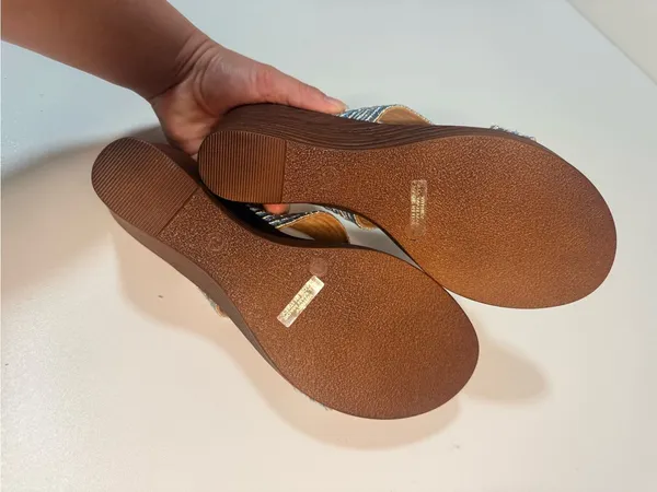 Italina Blue Striped Fabric Wedge Sandals - Image 9