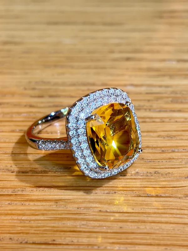 Brand New Silver Tone Fancy Giant Elongated Cushion Imitation Citrine Halo Style Engagement Ring In 7 - Image 4