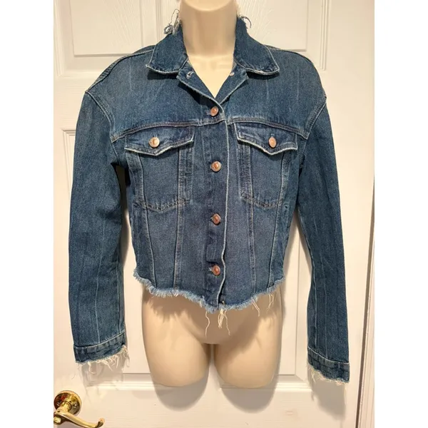 ZARA Trafaluc Cropped Denim Jacket Distressed Raw Hem Blue S 5252/215/400 - Image 5