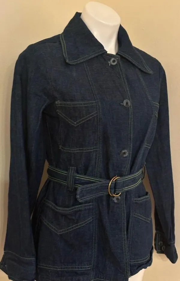 No Tag Denim Tie Blue Jean Jacket With Yellow Thread Collar Button Down Sz 9/10. - Image 2
