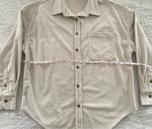 Small Beige Casual Button Down Long Sleeve with Oversized Fit Corduroy Style Tan - Image 5