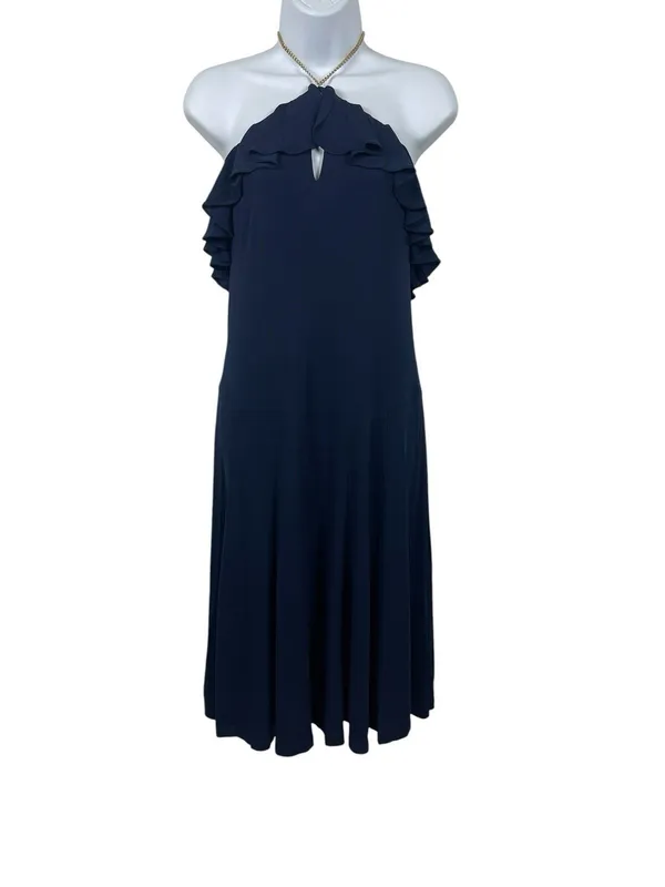 Lauren Ralph Lauren Navy Halter Cocktail Dress Gold Chain Neck Keyhole 8 - Image 2