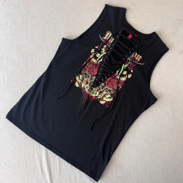 Guess Los Angeles Black Lace Up Graphic Tank Top Roses Rock Style‎ Size Medium - Image 7