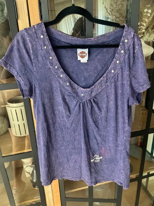 Vintage y2k Harley Davidson tee scoop neck short sleeve embellished acid wash - Image 15
