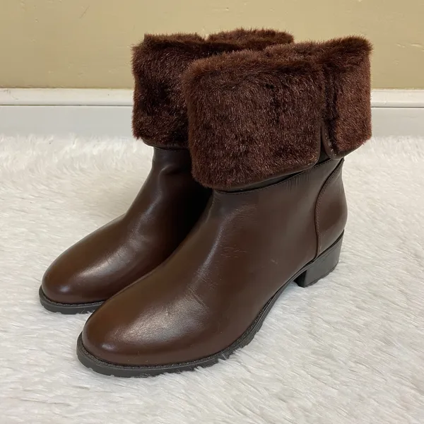 H By Halston Caroline Brown Leather Ankle Boot Faux Fur Size 7 - Image 4