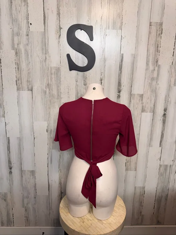 Charlotte Russe Burgundy V Neck Flutter Sleeve Crop Top Womens Small Back Zip Ti - Image 3
