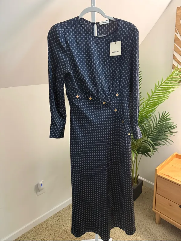 SANDRO Button-embellished printed silk-twill midi dress NWT 42 US10 - Image 2