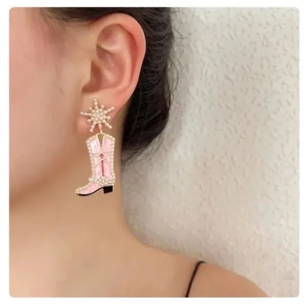 NEW Pink Cowgirl Boots Pearl Embellished Rhinestone‎ Western Bling Glam Earrings - Image 2