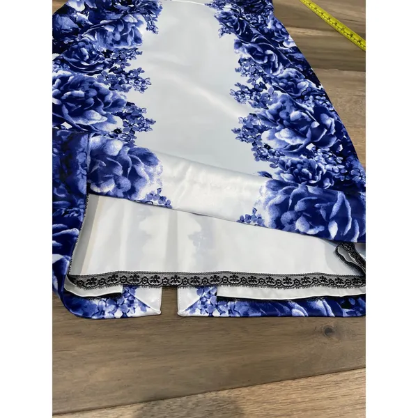 White House Black Market White Blue Floral Satin Sheath Dress Fully Lined Size 8 - Image 9