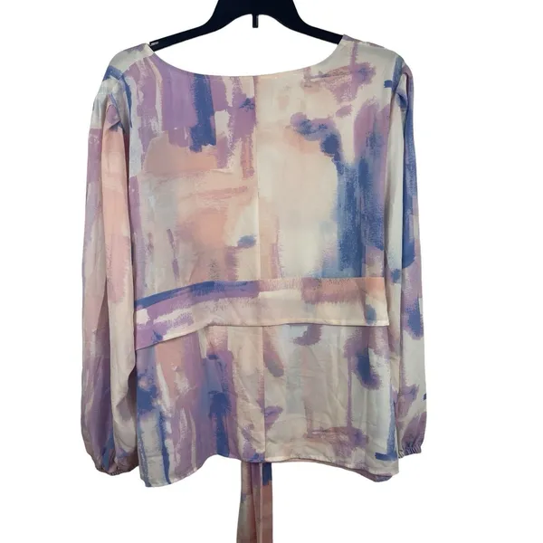 Evri Long Sleeve Semi Sheer Pink Blue Paint Look Tie Waist V-neck 3x Top NWT - Image 3