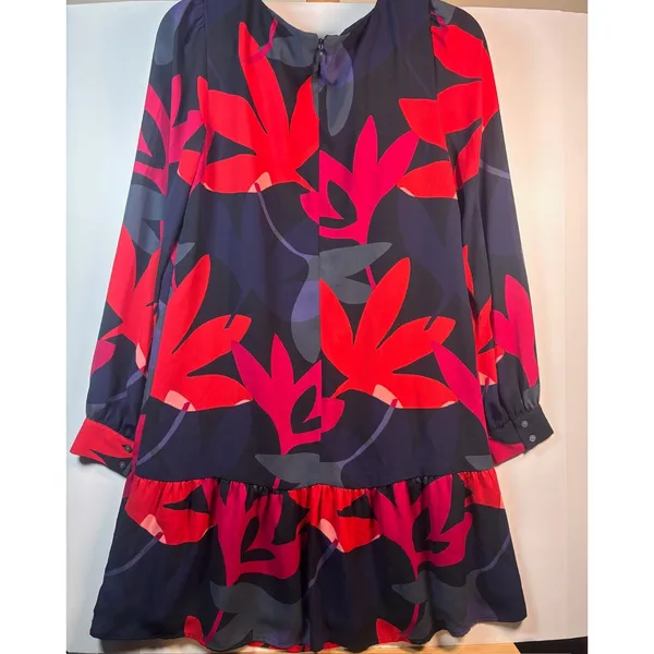 Womens Floral Drop Waist Ruffle Hem Mini Dress Navy‎ Red Pink Long Sleeve Shift - Image 2