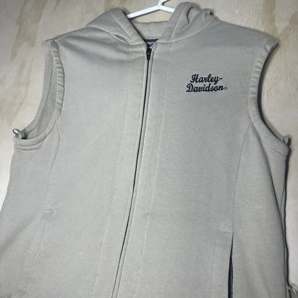 Harley Davidson Women's Full Zip Sleeveless Hoodie Vest Beige‎ Size Large - Image 2