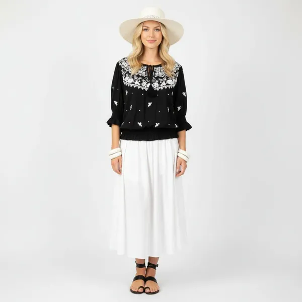 Ralph Lauren Black & White Peasant Boho Cottagecore Embroidered Blouse Top M - Image 6