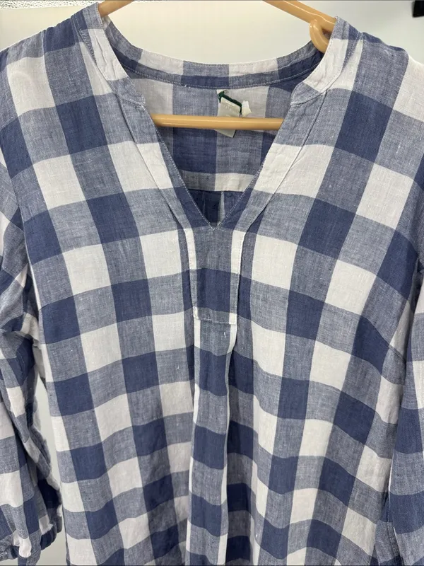 L.L. Bean Gingham V-Neck Tunic 100% linen casual lightweight summer fall M - Image 3
