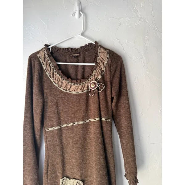 JOHN FASHION Y2k M Brown‎ Knit Sweater Dress Patchwork Forest Fairy Lagen Boho - Image 2